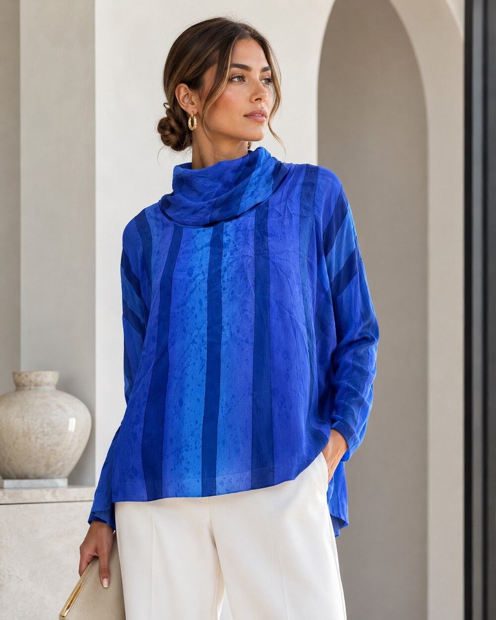 Wearable Art 100% Silk Blue Ombré Cowl Neck Blouse NWT $475 Designer Luxury Sz 2